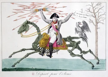 Napoleon: karikatuur van een krijgsman op een paardenskelet - in "Napoleon 1er", collectie karikaturen