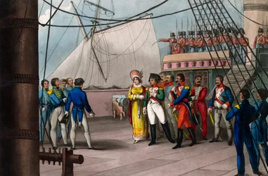 Napoleon vertrouwt op het Britse geloof - Napoleon Bonaparte aan boord van de Bellerophon, het Britse schip dat hem naar ballingschap op Sint-Helena bracht op 15 juli 1815 - Napoleon de Grote, die zich overgeeft aan de vrijgevigheid van de Britse natie; aa