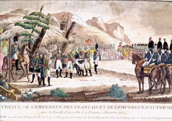 Napoleontische oorlog: Napoleon I ontmoet keizer Frans II na de Slag bij Austerlitz op 2/12/1805. Gravure uit de 19e eeuw.