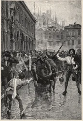 Napoleons abdicatie veroorzaakt rellen in Milaan, en Giuseppe Prina, de impopulaire minister van Financiën, wordt door de straten gesleept en uiteindelijk gedood door de menigte op Piazza San Fedele in Milaan, 20 april