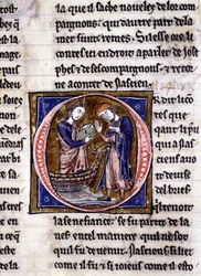 Nascion ontvangt het boek (?). Manuscript: Verovering van de Heilige Graal, geschreven 717 jaar na de passie van onze heer. Bibliothèque municipale de Rennes, ms. 255 (Collectie van romans van de Ronde Tafel); Parijs