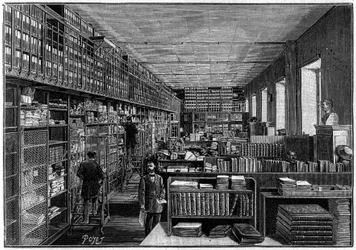 Nationale Bibliotheek in Parijs: kantoor van de catalogus. Boven staan de dozen met de toneelstukken. Gravure in 