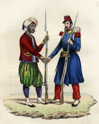 Inheemse en Franse jagers van het Franse leger van Afrika in Algerije in 1830. In 