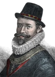 Marineadministratie en commandant Sir John Hawkins (1532-1595) - Portret van Sir John Hawkins (Hawkyns) (1532-1595), Engelse admiraal, scheepsbouwer, navigator en slavenhandelaar. Gravure van de 19e eeuw.