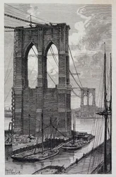 New York: Brooklyn Bridge pijlers in aanbouw - in "De Wereldreis", 2e semester 1881