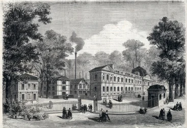Nieuw gebouw van de keizerlijke porseleinfabriek in Sèvres in 1868. Gravure in 