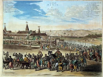 Nigeria hoofdstad van het koninkrijk Benin plechtige uittocht van koning Houegbadja (1645-1689), in Obamey in 1680. Gravure uit 1686. Parijs, Afrikaanse en Oceanische Kunsten.