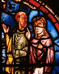 Noach en zijn vrouw aan boord van de ark (gebrandschilderd glas)