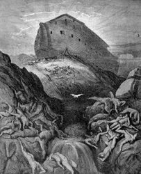 Noach stuurt een duif naar de aarde, volgens Genesis. 19e-eeuwse gravure.