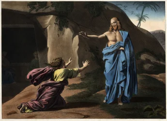 Noli me tangere: de verschijning van Christus aan Sint-Magdalena. Anonieme gravure uit de 19e eeuw.
