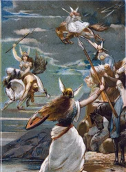 Noordse mythologie: de walkuren (krijgsmaagden) in Valholl (of Walhalla, Valhalla, Valhalle: plaats waar dappere krijgers worden gebracht) en de val van krijgers in de strijd. Chromolithografie uit de 19e eeuw