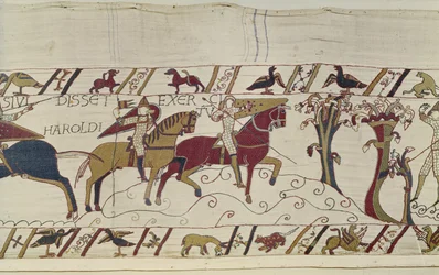 Normandische verkenners worden vooruit gestuurd om de bewegingen van Harold te observeren, Tapijt van Bayeux