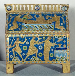 Kunstobject: Emaille jacht, goud en koper door Thomas Becket (1118-1170), aartsbisschop van Canterbury. Het is versierd met voorstellingen van de moord op de aartsbisschop op 29/12/1170 in de kathedraal van Canterbury en zijn begrafenis. Circa 1220