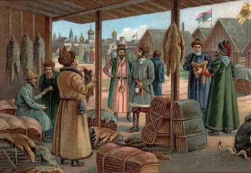 Oude winkelcentra: bontmarkt in Novgorod (Veliki Novgorod), Rusland in de 19e eeuw. Chromolithografie uit het einde van de 19e eeuw