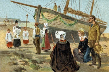 Oude gewoonte gevierd in de regio Bretagne: doop van een vissersboot. Chromolithografie van het einde van de 19e eeuw.