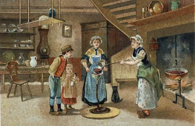 Oude gewoonte gevierd in de Dauphiné-regio: La boudinée. Chromolithografie van het einde van de 19e eeuw.