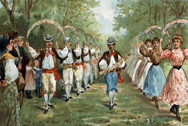 Oude gewoonte gevierd in de regio Languedoc: de dans van de trellas. Chromolithografie van het einde van de 19e eeuw.