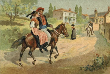 Oude gewoonte gevierd in de Provence-regio: de bijeenkomst van de Camarguais. Chromolithografie uit de late 19e eeuw.