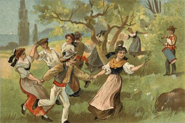 Oude gewoonte gevierd in de Provence-regio: de farandole voor zijderups oogstfeesten. Chromolithografie van het einde van de 19e eeuw.