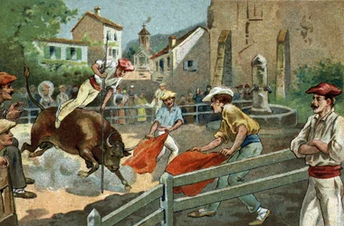 Oude gewoonte gevierd in de regio Biscay: Landaise races in een dorp. Chromolithografie uit de late 19e eeuw.