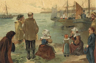Oude gewoonte gevierd in de regio Bretagne: de zegening van de Terre Neuvas. Chromolithografie van het einde van de 19e eeuw.
