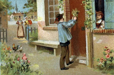Oude gewoonte gevierd in de regio Bourgondië: Meifeest. Chromolithografie uit de late 19e eeuw.