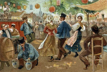 Oude gewoonte gevierd in de regio Vlaanderen: Vlaamse Kermis. Chromolithografie van het einde van de 19e eeuw.
