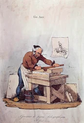 Oude beroepen: de lithografische steenkorrelaar. Dit is een van de stappen in het drukken van lithografieën die bestaat uit het voorbereiden van de steen met inkt. Illustratie uit de 19e eeuw Privécollectie