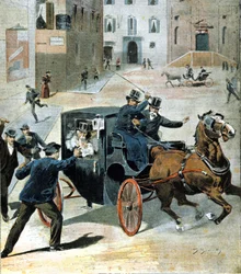 Op 16 juni 1894, in Rome, schoot de anarchist Paolo Lega met een revolver op Francesco Crispi, president van de Italiaanse Raad. Illustratie uit die tijd