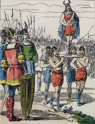 Bij de dood van Childeric I werd zijn zoon Clovis tot koning gekozen door de Salische Franken die hem op het bolwerk droegen terwijl ze het kamp rondgingen