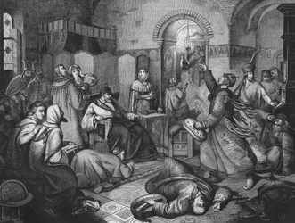 Op de laatste dag van Ivan IV de Verschrikkelijke (1530-1584), tsaar en grootvorst van Rusland, naast hem zijn mooie dochter. gravure uit 1860