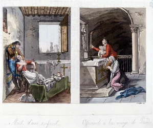 Links, dood van een kind en verdriet van de ouders. Rechts, een offer aan de maagd van Guada Lupa. Lithografie uit de 19e eeuw