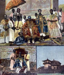 Bovenaan is de keizerin Taitou van Ethiopië, vrouw van Menelik II en zijn gevolg. Linksonder is zijn dochter, de toekomstige koningin Zaouditou (1876 - 1930). Rechts het keizerlijk paleis Ghebi in Addis Abeba. Ill. voor de late 19e-eeuwse pers