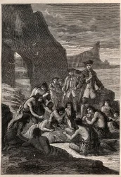 Een van hen ontkoppeld met de tanden: Vice-admiraal John Byron (1723-1786) op een van de eilanden van de Straat van Magellan - de Fuegianen (inwoners van Vuurland) ontkoppelen met hun tanden een walvis die op het strand was aangespoeld en versteend - illus