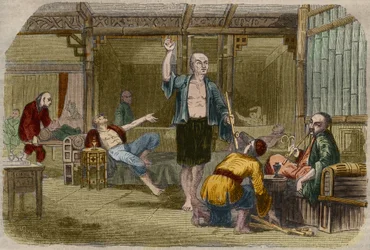 Opiumrokers in China in het midden van de 19e eeuw. Gravure uit 1857 in 