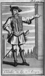Ridderorden. Ridder van de Orde van de Lelie in Aragon in de 15e eeuw. In "Geschiedenis van militaire orden of ridders, van de seculiere en reguliere milities van beide geslachten, die tot nu toe zijn opgericht. Editie genomen van Abbe Giustiniani, R.P.Bon