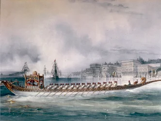 Ottomaanse Rijk: voorstelling van de boot van de Sultan op de Bosporus in Istanbul. Het Ciragan-paleis is zichtbaar (detail)