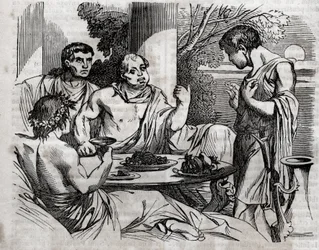 Buitenbanketscène - Vitellius (Aulus Vitellius Germanicus Imperator Augustus) Romeinse keizer (15-69) geeft een feest - gravure in 