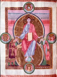 Pagina van de Bijbel van de Keizer: Christus omringd door de tetramorf, tussen keizer Hendrik III en zijn vrouw Agnes van Poitou (miniatuur)