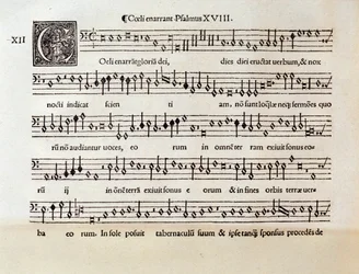 Pagina van bladmuziek van Coeli enarrant psalm XVIII door Willaert (1538)