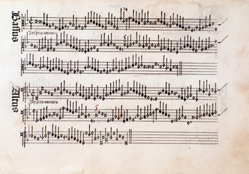 Pagina van bladmuziek van Harmonice Musices Odhecaton door Ottaviano Petrucci (1501)