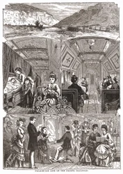 Paleiswagenleven op de Pacific Railroad, gravure 19e eeuw.