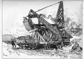 Werken aan het Panamakanaal. Hoofdwerktuigen: Osgood graafmachine. Gravure in "Le Monde Illustré"