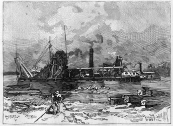 Werken aan het Panamakanaal. Hoofdwerktuigen: een bagger en zijn klep. Gravure in "Le Monde Illustré"