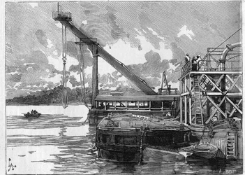Werken aan het Panamakanaal. Hoofdwerktuigen: de Bigue ponton. Gravure in Le Monde Illustré