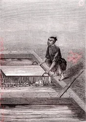 Papierpulp wordt vloeibaar, papierfabricage in China (3e eeuw v.Chr.) (gravure