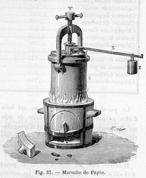 Papin-pot (voorloper van de snelkookpan) - gravure
