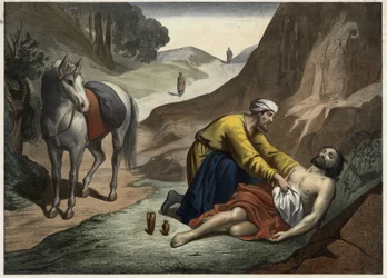 Parabel van de Barmhartige Samaritaan: de Samaritaan stopte onderweg om de stervende man te redden. Anonieme gravure uit het midden van de 19e eeuw.