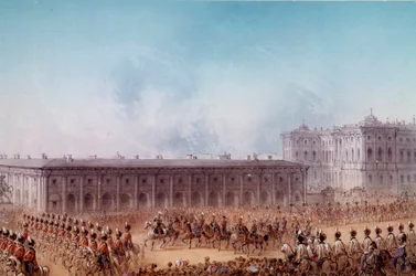 Parade met Alexander II voor het Anetchkoff-paleis in Sint-Petersburg in 1856