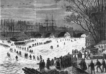 Parijs januari 1868: De Seine bevroren bij de Pont-Neuf.